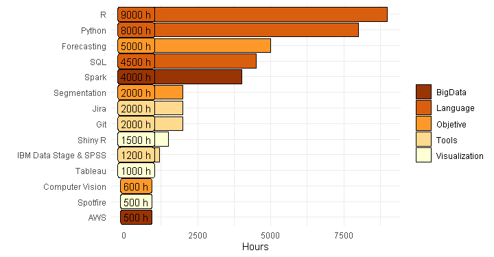 R ggplot2 plot showing our skills info in and orange palette. X axis for hours spent and y-axis for skills' name.