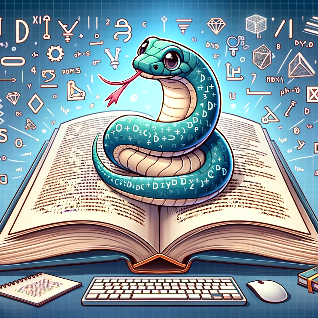 imagen con una serpiente con los colores de Python sobre un diccionario