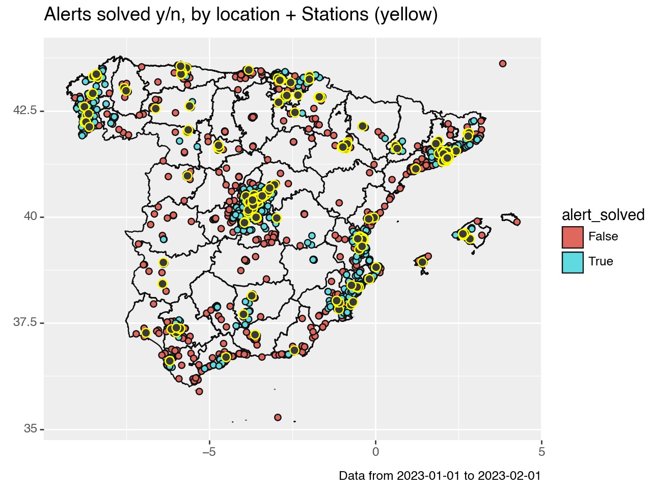 GeoPandas plot in Python of the Spanish territory and data points.