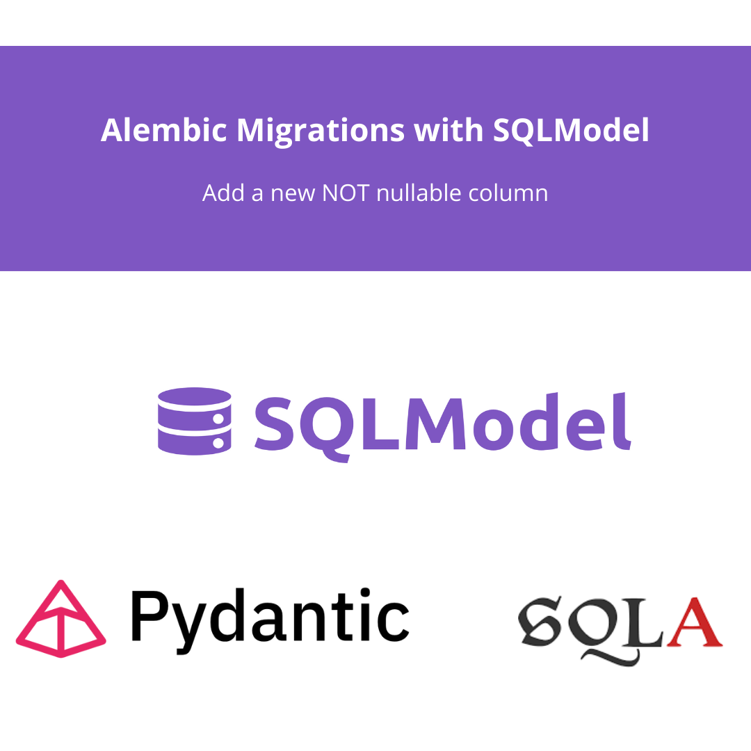 SQLModel, SQLAlchemy and Pydantic python modeles logos. Also a sentence saying 'Add new not nullable column'